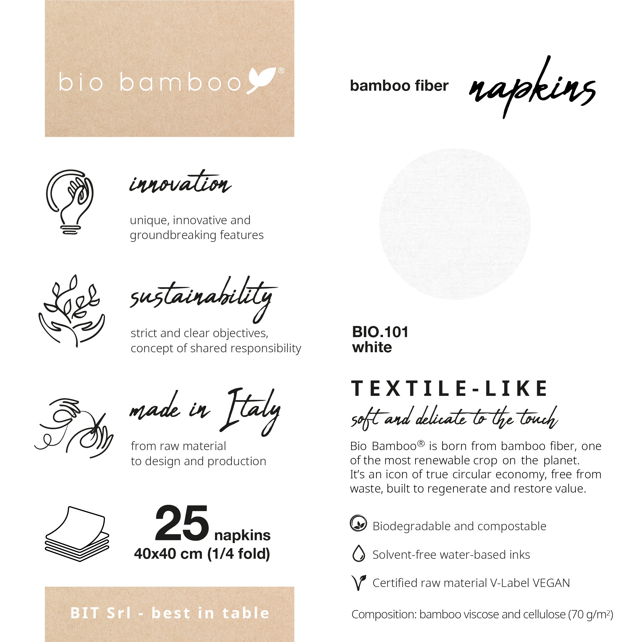 Pack 25 single use napkins 40x40 - BIO BAMBOO® WHITE