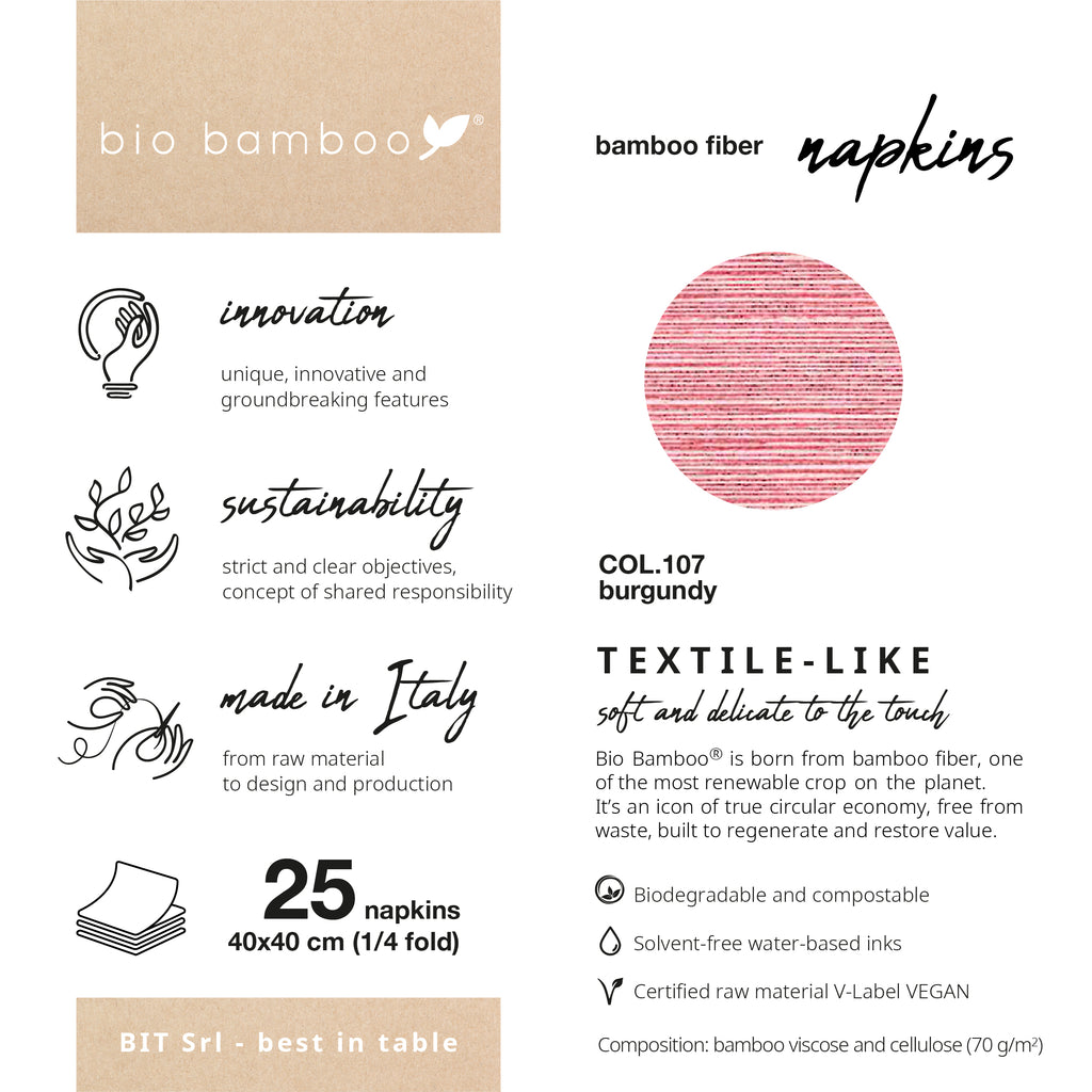 Pack 25 single use napkins 40x40 - BIO BAMBOO® BURGUNDY