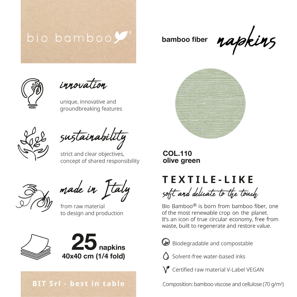 Pack 25 single use napkins 40x40 - BIO BAMBOO® OLIVE GREEN